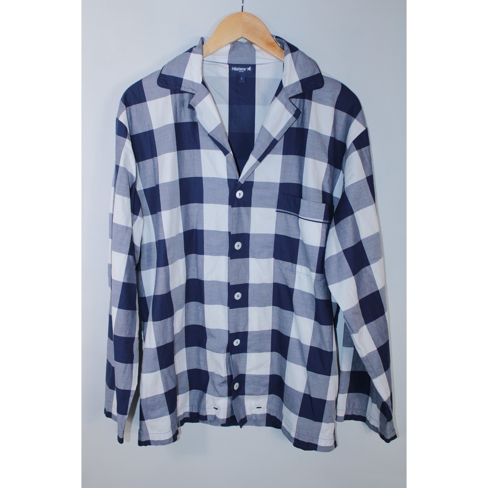 Hastens Men's Large Blue White Check Long Sleeve Button Down Pajama Shirt